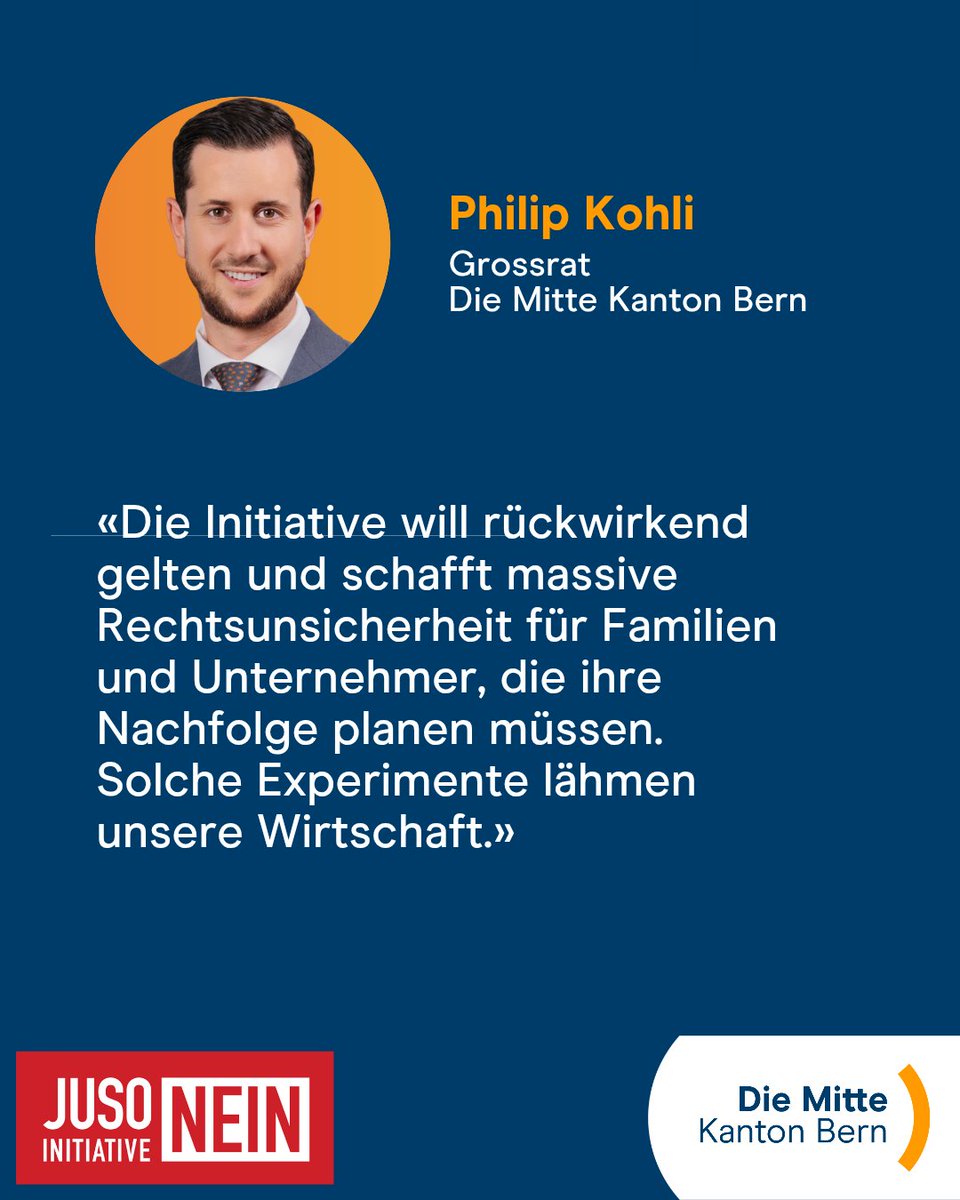 Um Rechtsunsicherheit zu vermeiden lehnt unser Grossrat Philip Kohli die "Initiative für eine Zukunft" der Juso entschieden ab.

#DieMitteBE #Abst25 #JUSOnein #Erbschaftssteuer #KMUkiller