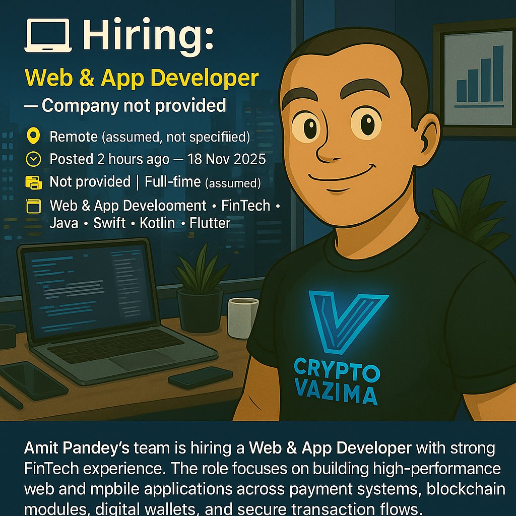 crypto_vazima's tweet image. 💻 Hiring: Web &amp;amp; App Developer — Company not provided
📍 Remote (assumed) | 💼 Full-time (assumed) | 🧑‍💻 Web + App Dev • FinTech • React • Angular • Node.js • Java • Swift • Kotlin • Flutter | 💰 Not provided

A FinTech team is hiring a Web &amp;amp; App Developer to build fast,…