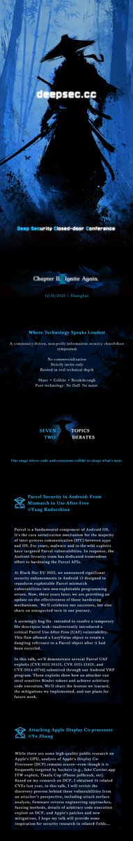 deepsec_cc's tweet image. deepsec.cc 
2025 | Chapter Ⅱ   
Deep Security Closed-door Conference

SEVEN TOPICS &amp;amp; TWO DEBATES
Where Technology Speaks Loudest

📧 x@deepsec.cc
🌐 deepsec.cc
📅 December 16, 2025
📍 Shanghai, China