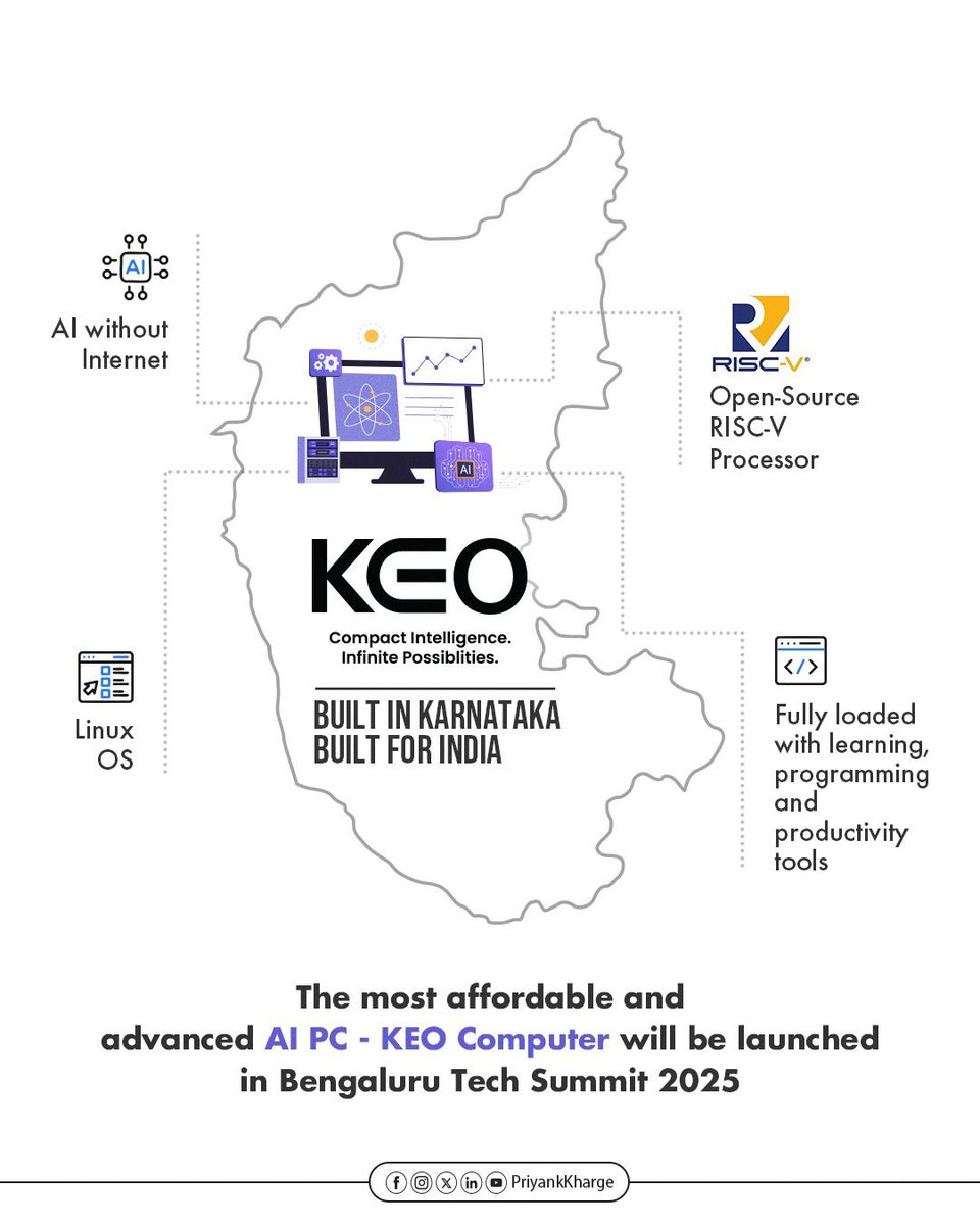 NidhiSimply's tweet image. From Karnataka to the nation — a new tech revolution begins!  
The Karnatka Congress government unveils KEO: a compact, affordable, open-source AI PC powered by Linux.  

Built entirely in Karnataka, designed to close the digital gap and make computing accessible to all.