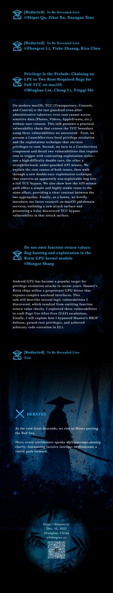 deepsec_cc's tweet image. deepsec.cc 
2025 | Chapter Ⅱ   
Deep Security Closed-door Conference

SEVEN TOPICS &amp;amp; TWO DEBATES
Where Technology Speaks Loudest

📧 x@deepsec.cc
🌐 deepsec.cc
📅 December 16, 2025
📍 Shanghai, China