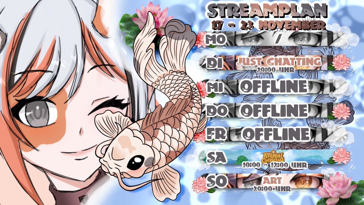 Hier wieder mal GANZ PROFESSIONELL den Streamlan ✨pünktlich✨gepostet😅👀

Freu mich schon auf euch🫶🏻🫧🐟