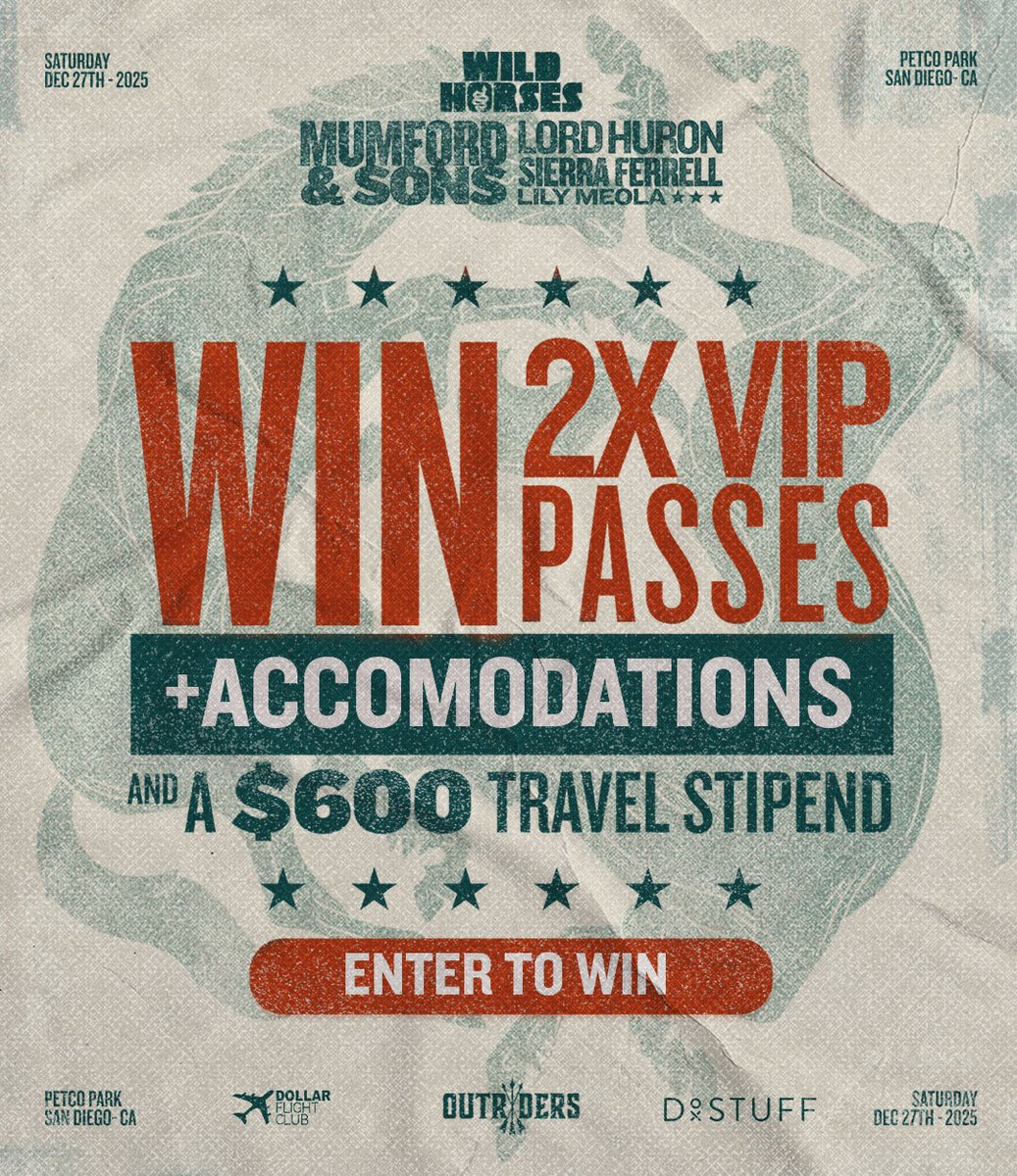 Win VIP passes to #WildHorses25 with @mumfordandsons 12/27 @petcopark 🎶 See @mumfordandsons, @lordhuron, @sierraelizabethferrell &amp; @lilymeola. Includes hotel + $600 travel credit. Presented by @outriderswest &amp; @petcoparkevents. 
t.dostuffmedia.com/t/c/s/343143
