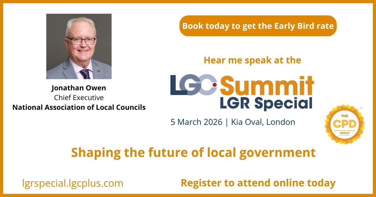 lgcplus's tweet image. 🚨 Speaker announcement!
Jonathan Owen, Chief Executive of @NALC, joins the panel “Local by design: enabling our communities” at the #LGCSummit #LGRSpecial on 5 March 2026 at the Kia Oval, London.
🔗 Programme: bit.ly/43y3FMi
✨ Early Bird rates available!
#LocalGov #LGR