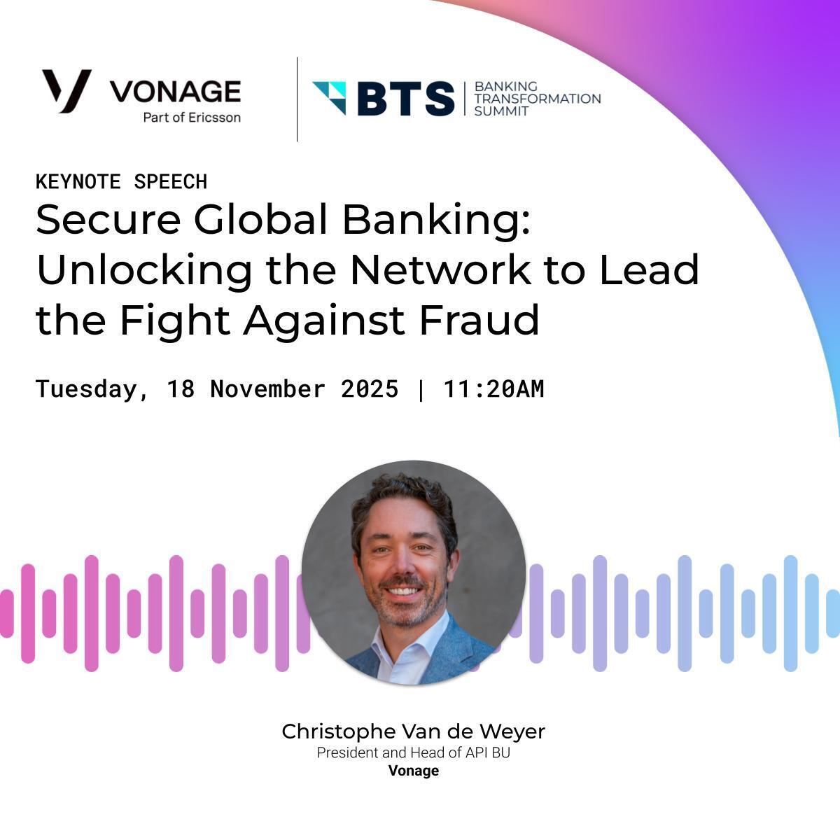 Vonage's tweet image. Network APIs are redefining fraud prevention for global banks — and you can hear what’s next.

After 20 years of SMS OTP, network-level authentication is unlocking a smarter, more secure path forward.
Catch Christophe Van de Weyer today at 11:20 AM EST at the Banking…