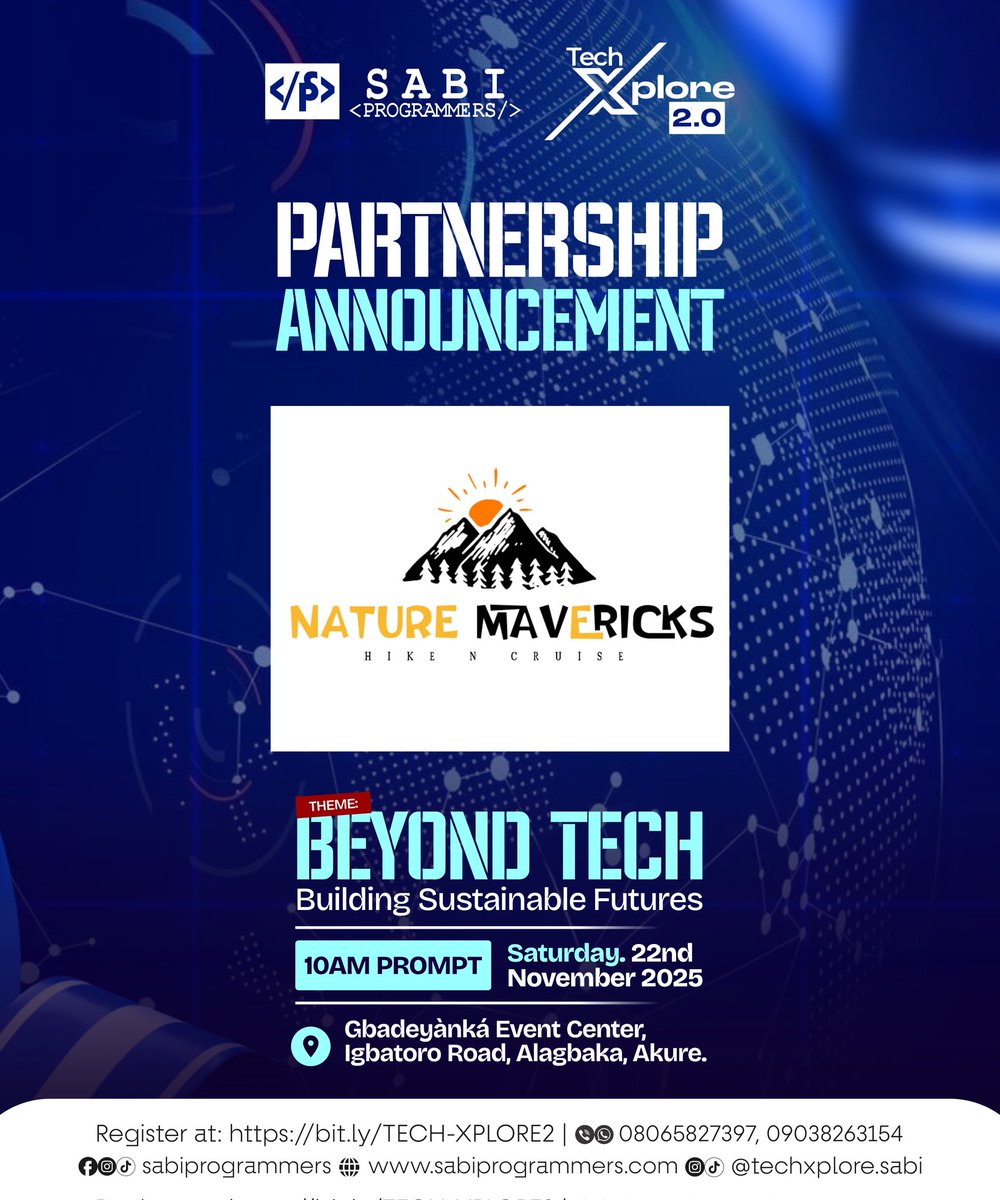 SabiProgrammers's tweet image. Unveiling our partnership with @Nature_Maverick who are into hiking tours, camping trips, etc

To connect with these amazing people, register and attend tech xplore 2.0 for free 

Click the link in the first comment section to register

#techxplore #naturemavericks #akuretect