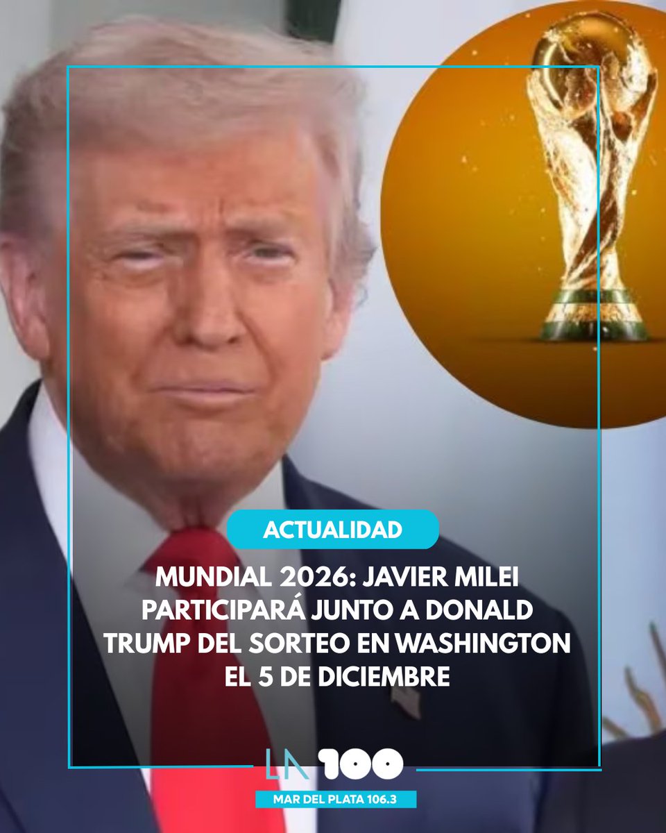 En medio de las negociaciones comerciales con Estados Unidos, se confirmó que el presidente Javier Milei participará junto a Donald Trump del sorteo del Mundial 2026. 

la100.cienradios.com/politica/mundi…
