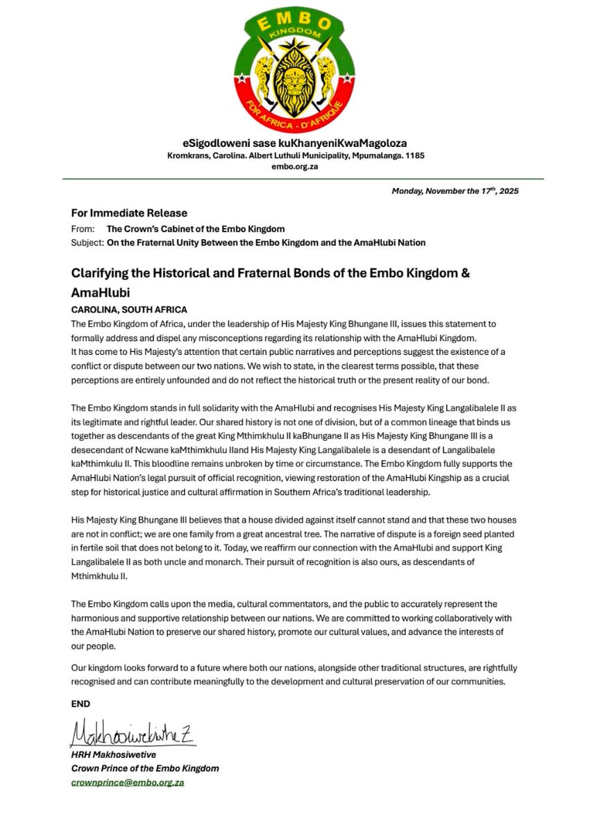 Clarification of the Fraternal Bonds of <a href="/EmboKingdom/">Embo Kingdom</a> &amp; AmaHlubi South Africa #SouthAfrica <a href="/IRR_SouthAfrica/">South African Institute of Race Relations</a> 
<a href="/BirlandPM/">Prime Minister of Birland State</a> <a href="/birtawilgov/">Birland State (BirTawil) دولة بيرلاند</a>