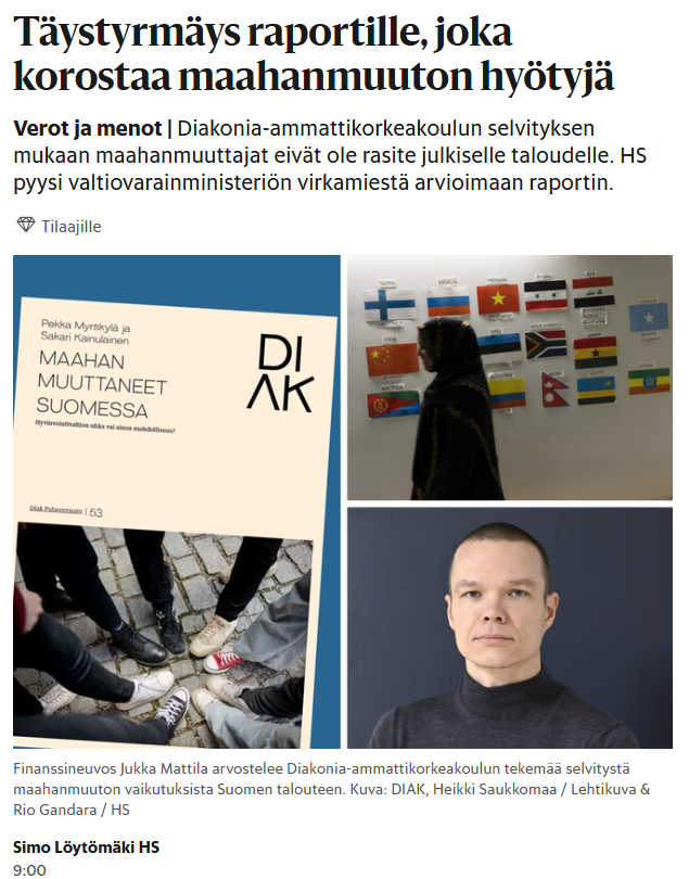 Ehkä Diak-raportin tekijät olettivat, että kun raportin otsikoi isolla, että "Maahanmuutto on rikkaus" -- niin valtamedia toistaa tuon otsikon kritiikittä.

Oletus olisi sinänsä varsin perusteltu, sillä juuri näin on tapahtunut jo vuosien ajan maahanmuuton lobbareiden (Etla yms.)