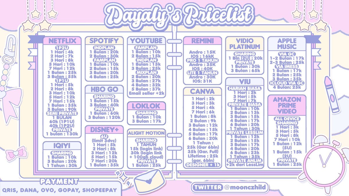 moonczhild's tweet photo. ﾟﾟ･｡･ﾟﾟ｡ 
ﾟ。 This    is    Dayaly's   pricelist. 🤍
　ﾟ･｡･ﾟ
                            ╱|、
                          (˚ˎ 。7  
                           |、˜〵          
                          じしˍ,)ノ https://t.co/MLBCPI5fGc
