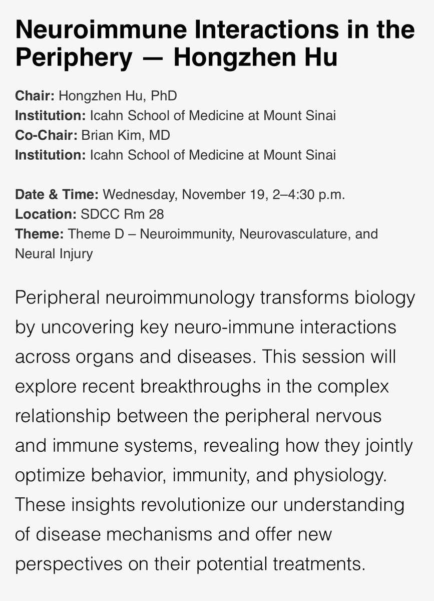 Please join us tomorrow <a href="/SfNtweets/">Society for Neuroscience (SfN)</a> for what promises to be an amazing session on peripheral neuroimmunology with the best speakers! <a href="/IsaacChiuLab/">Chiu Lab</a> <a href="/Michel_Enamorad/">Michel Enamorado</a> <a href="/KevinJTraceyMD/">Prof. Kevin J. Tracey, MD</a> Xin Sun Anna Globig <a href="/sokol_mdphd/">Caroline Sokol MDPhD</a>