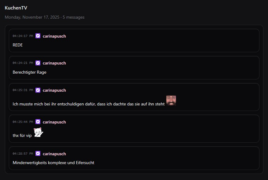 KuchenTV: "Dann bin ich schon dafür, dass einige Frauen es verdient haben, mal ordentlich eine in die Schnauze zu bekommen".

Die allerechte Feministin Carina Pusch paar Wochen später, im Chat von KuchenTV: "Danke für VIP" 🤷