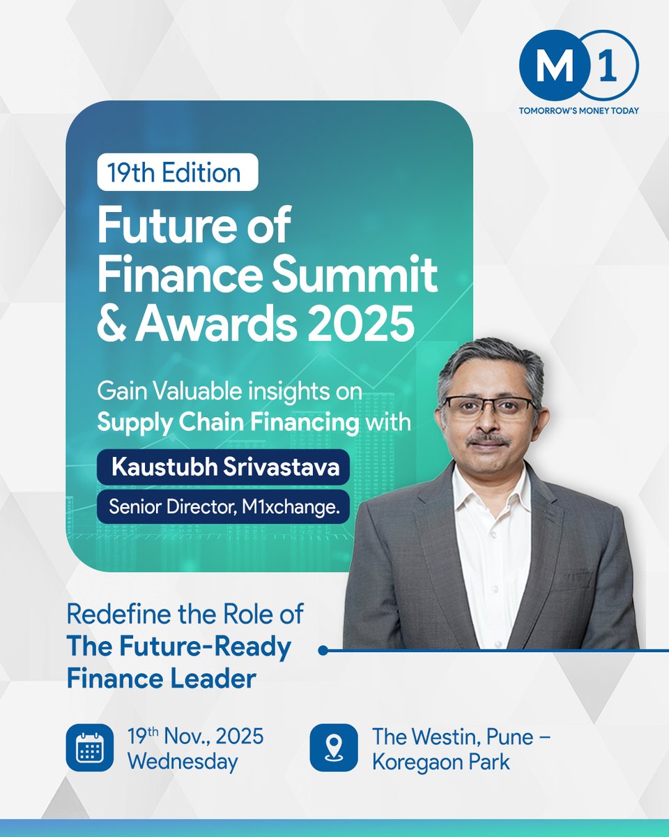M1xchange's tweet image. #M1xchange will be joining the 19th Edition #FutureOfFinance Summit &amp;amp; Awards 2025 as a Silver Partner.
Kaustubh Srivastava, Senior Director, M1xchange, will share his perspectives on digital innovation and the evolving finance landscape.
#FinanceLeadership #Event #Pune #Fintech