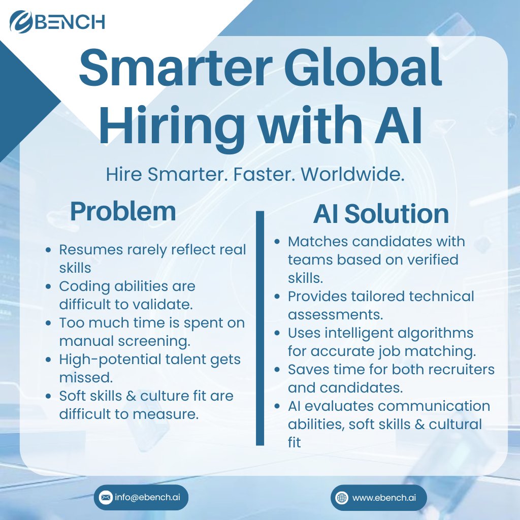 eBenchAI's tweet image. Transform your hiring with AI. ⚡

ebench.ai verifies real skills, automates screening, and matches talent to the right roles—faster and more accurately. Build stronger global teams with modern HR tech.

#AIHiring #HRTech #TalentAcquisition #FutureOfWork #ebenchai