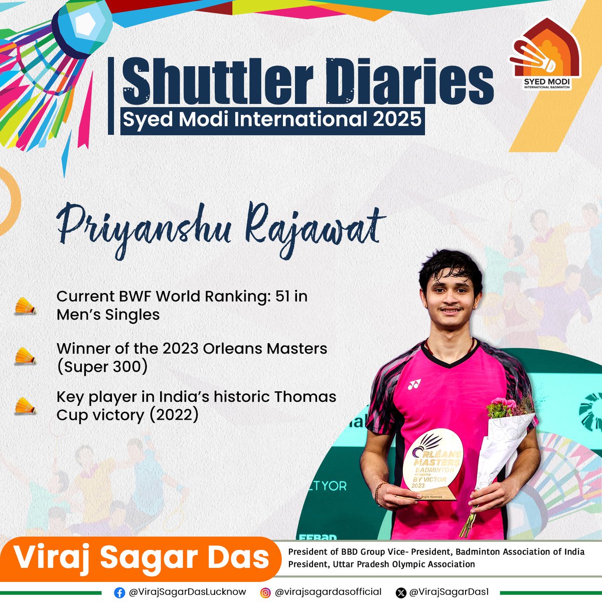 VirajSagarDas1's tweet photo. #ShuttlerDiaries: Rising Indian star Priyanshu Rajawat is back, stronger and more determined than ever, ready to light up the Syed Modi International 2025 in Lucknow. After overcoming injury setbacks, Priyanshu aims to capture the title this year, showcasing his speed, skill, and fighting spirit. Join us in cheering for this young dynamo as he battles for glory and carries the Indian flag high on the court!

@UPBadmintonA

#sayedmodi #badminton #upbadminton #badmintonaddict