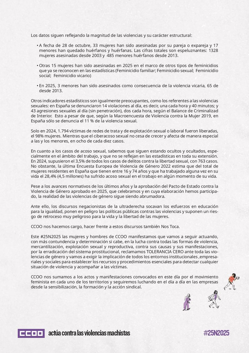 CCOOKNFALSPS's tweet image. 🟣25N | El #25N2025 vamos a dejar claro que no dejaremos a #NingunaMujerSola. 

📢Actuamos contra las violencias machistas.

💪Denunciamos:
❌las violencias contra las mujeres.
❌la manifestación extrema de la desigualdad entre mujeres y hombres.