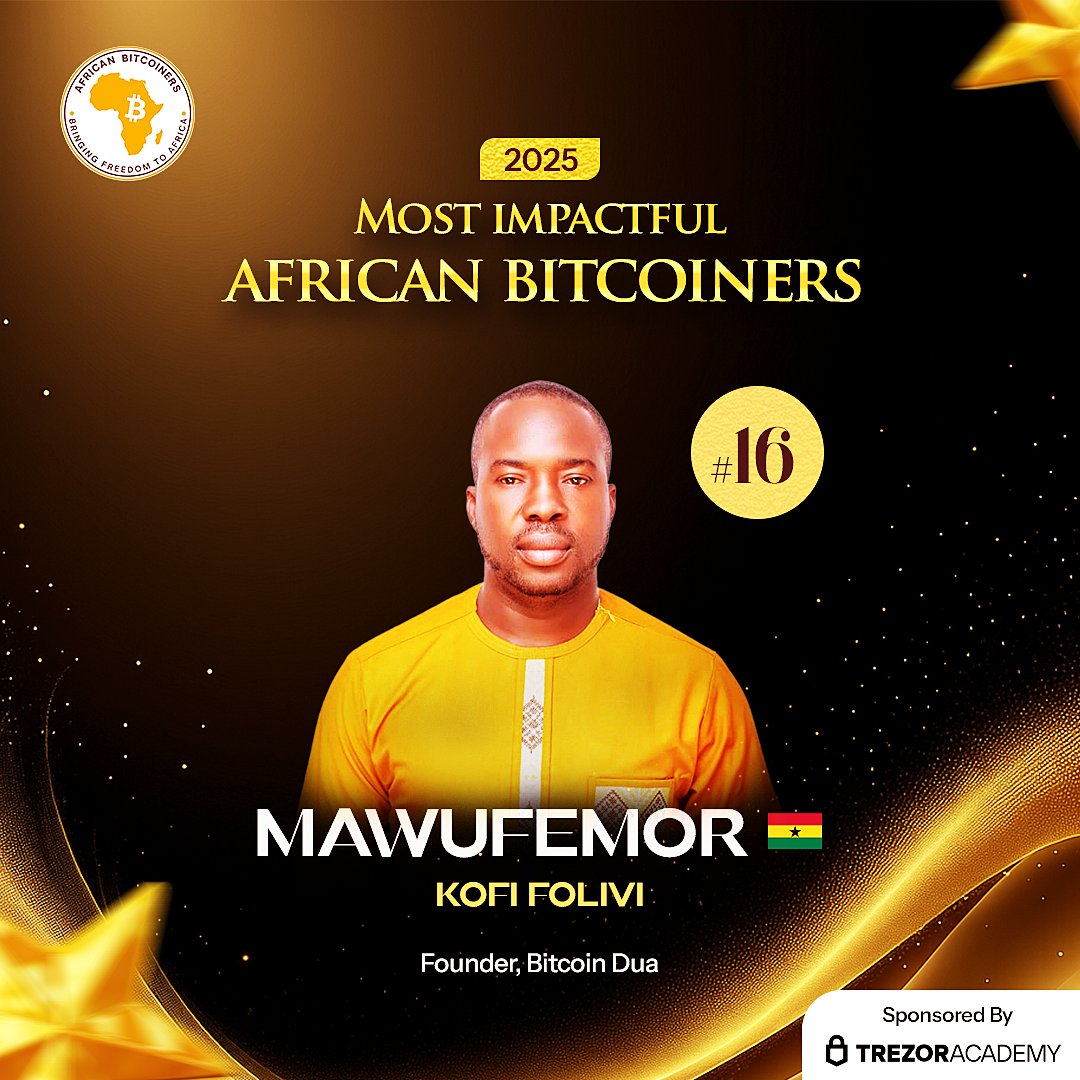 💥Celebrating the Ghanaian Mawufemor Kofi Folivi (<a href="/MawufemorFoli/">Mawufemor Kofi Folivi</a>) as our #16 Most Impactful African Bitcoiner of 2025! 🇬🇭

Mawufemor is a visionary trailblazer who has transformed Agbozume into one of Africa’s most vibrant Bitcoin circular economies. As the founder of