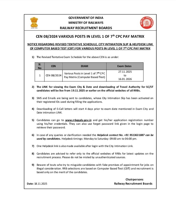 NOTICE REGARDING REVISED TENTATIVE SCHEDULE, CITY INTIMATION SLIP &amp; HELPDESK LINK OF CBT FOR VARIOUS POSTS IN LEVEL 1 UNDER CEN 08/2024 
#GROUP_D