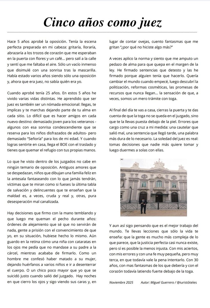 iuristoteles's tweet image. 🚨Mi artículo de esta semana: Cinco años como juez.

&quot;Hay noches en las que, en lugar de contar ovejas, cuento fantasmas que me gritan &quot;¿por qué no hiciste algo más?&quot;

Hace 5 años que aprobé. Sobre la vida de juez, la soledad, las decisiones y que, pese a todo, amo mi trabajo.