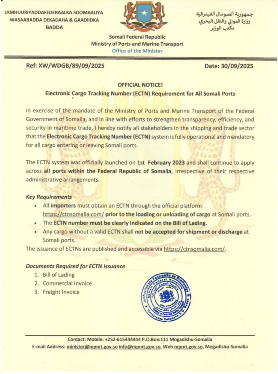 IsmailiAhmedR's tweet image. From e-Visa to e-CTN, Mogadishu is running the same playbook to seize control of Berbera Port.

A new circular issued on 30/09/2025 is an aggressive attempt to tax all imports and exports and effectively take over the port. Disguised as a shipping regulation, it declares that the…