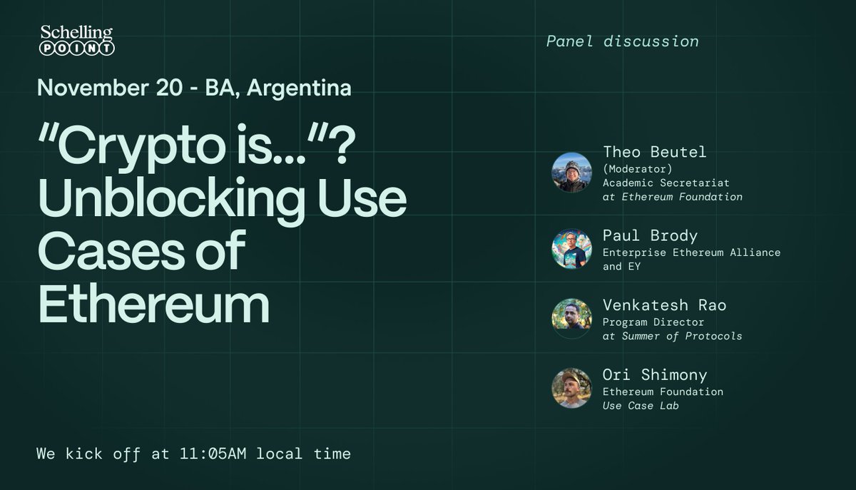 gitcoin's tweet image. “Crypto is…?”

We’re unpacking that in Buenos Aires with a stacked panel:

@theobtl (moderator)
@pbrody
@vgr
@orishim

A deep dive into how we unblock real Ethereum use cases and push the ecosystem forward.

Schelling Point, Nov 20 - kicking off at 11:05 AM local time 🔥