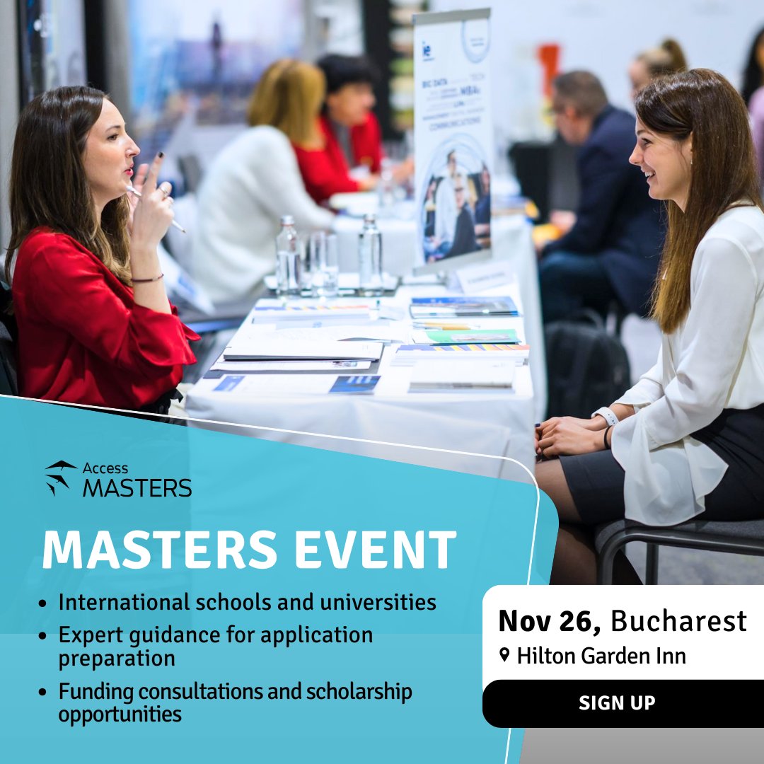 Join us at the Access Masters event on 26 November at Hilton Garden Inn Bucharest Old Town and meet face-to-face with admission directors from the top business schools. ow.ly/hp5p50XqaeX
#BritishCouncil #AccessMasters #UnlockYourPotential