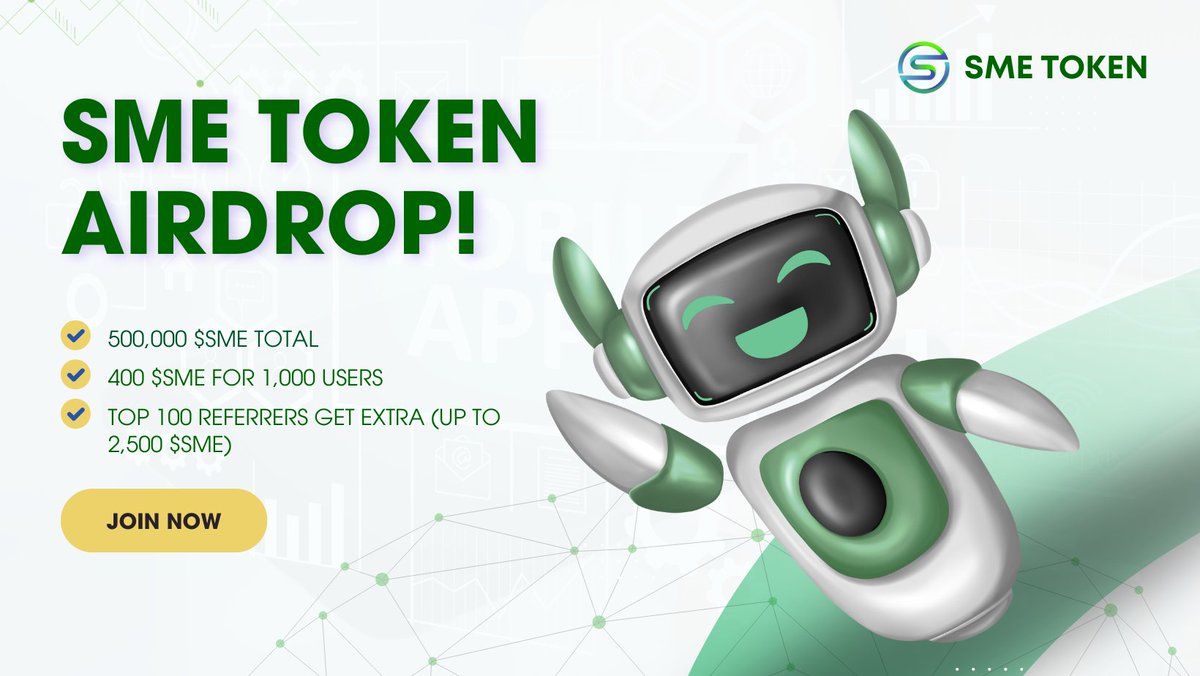 🪂 SME Token #Airdrop

🏆 Rewards: 400 $SME each for 1,000 Random Winner

👨‍👨‍👧‍👧 Referral: 100,000 $SME total for Top 100 Referral

🔗 Airdrop Link: t.me/SMETokenAirdro…

⌛️ End Date: 5th December, 2025
🏦 Distribution: After Listing

🔘 Do the complete all tasks on the bot &amp;
