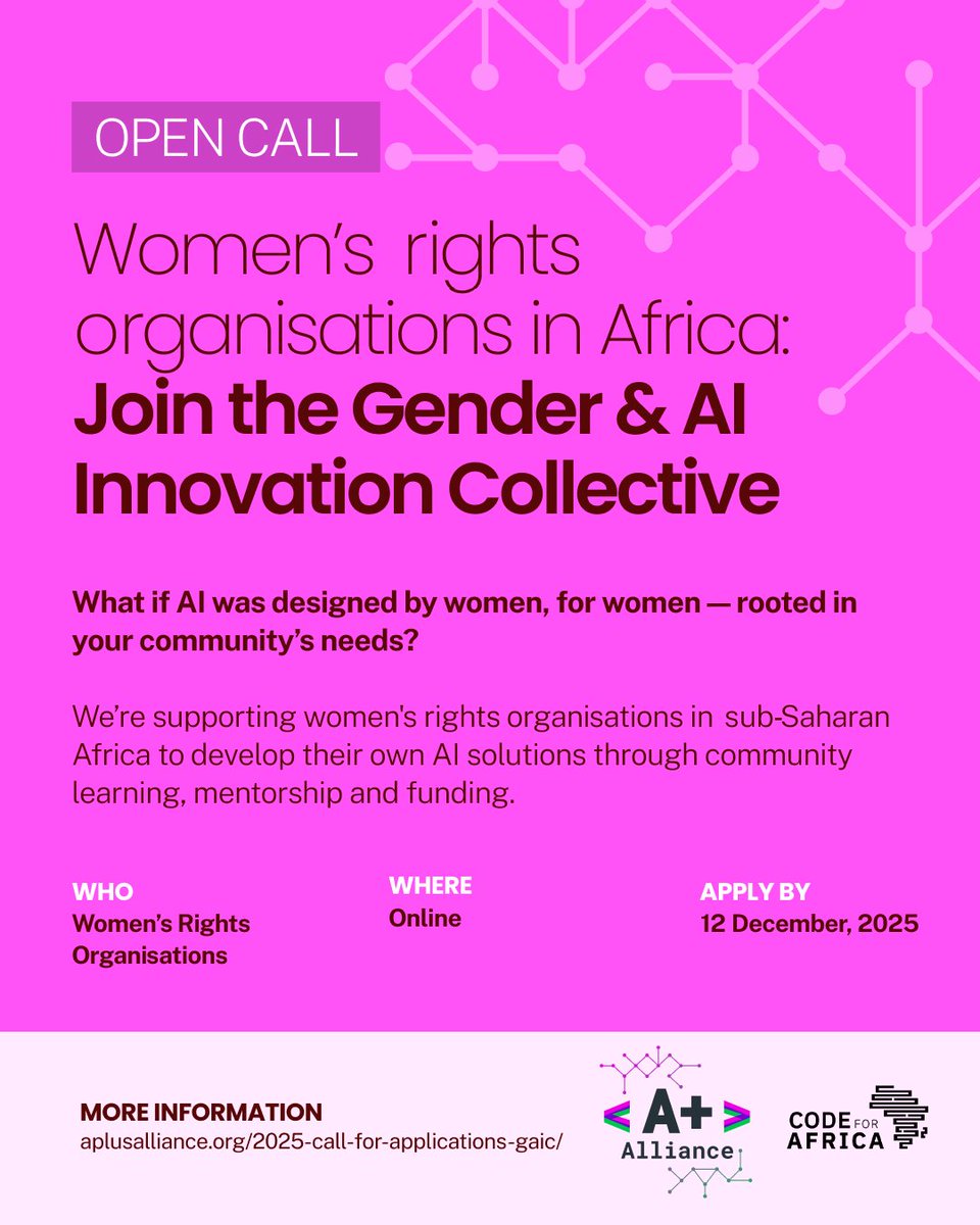 Code4Africa's tweet image. 🚺 Open call: Gender &amp;amp; AI Innovation Collective 2025

We’re looking for women’s rights orgs across Africa to co-create AI tools addressing real community challenges, from gender-based violence to education.   

💡Winning solutions will be fully funded.

🔗 cfa.fyi/Nz2zMAQ
