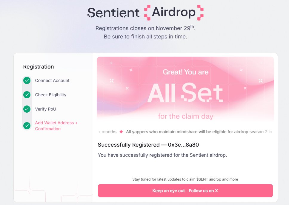 gm CT ☀️ 

I just woke up and saw I'm eligible for <a href="/SentientAGI/">Sentient</a> $SENT 

Pretty sure it’s coming from staking my YT Kaito 

Thankyou <a href="/KaitoAI/">Kaito AI 🌊</a> , Thankyou <a href="/SentientAGI/">Sentient</a> ! 🔥