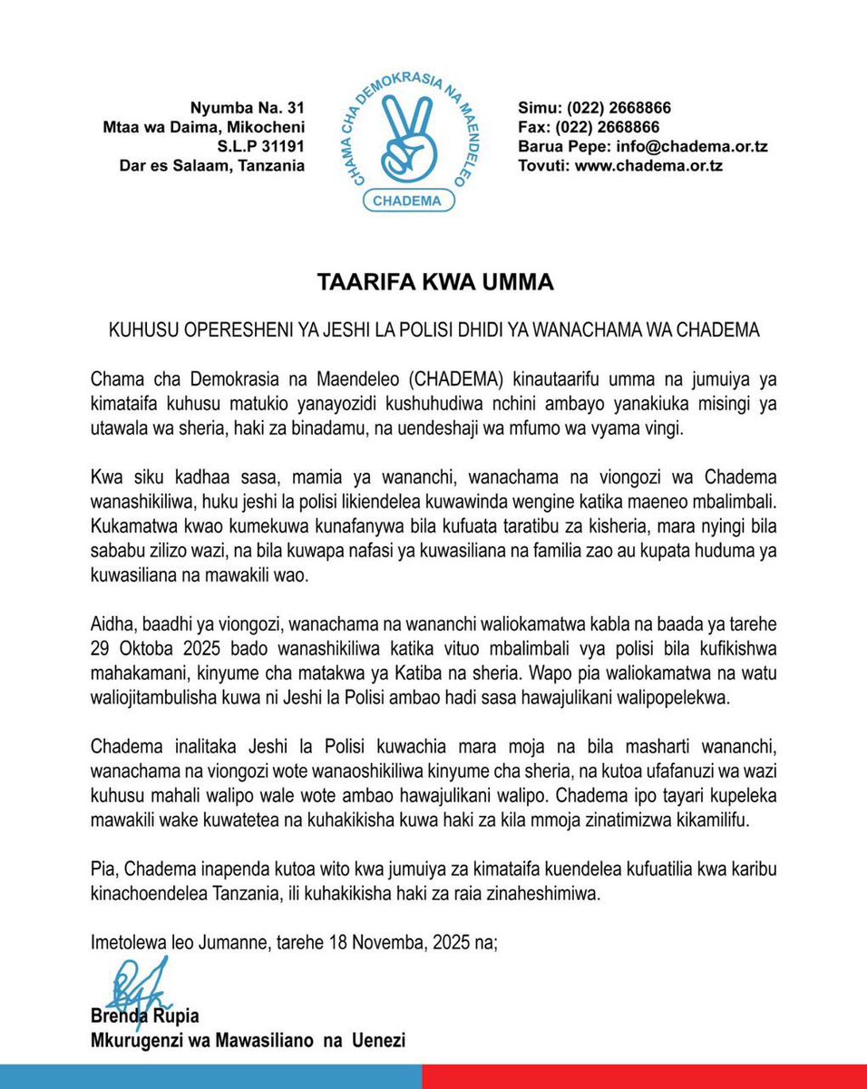 Achieni watu wetu, acheni kuuzia Watanzania uoga.

Serikali ambayo haina uhalali (legitimacy) haiwezi kutishia wananchi ambao ndio wenye Nchi.

Hakuna aliewachagua na hakuna anaewaunga mkono.

Kamwe Watanzania hawatakubali kuwa koloni au watumwa wenu.