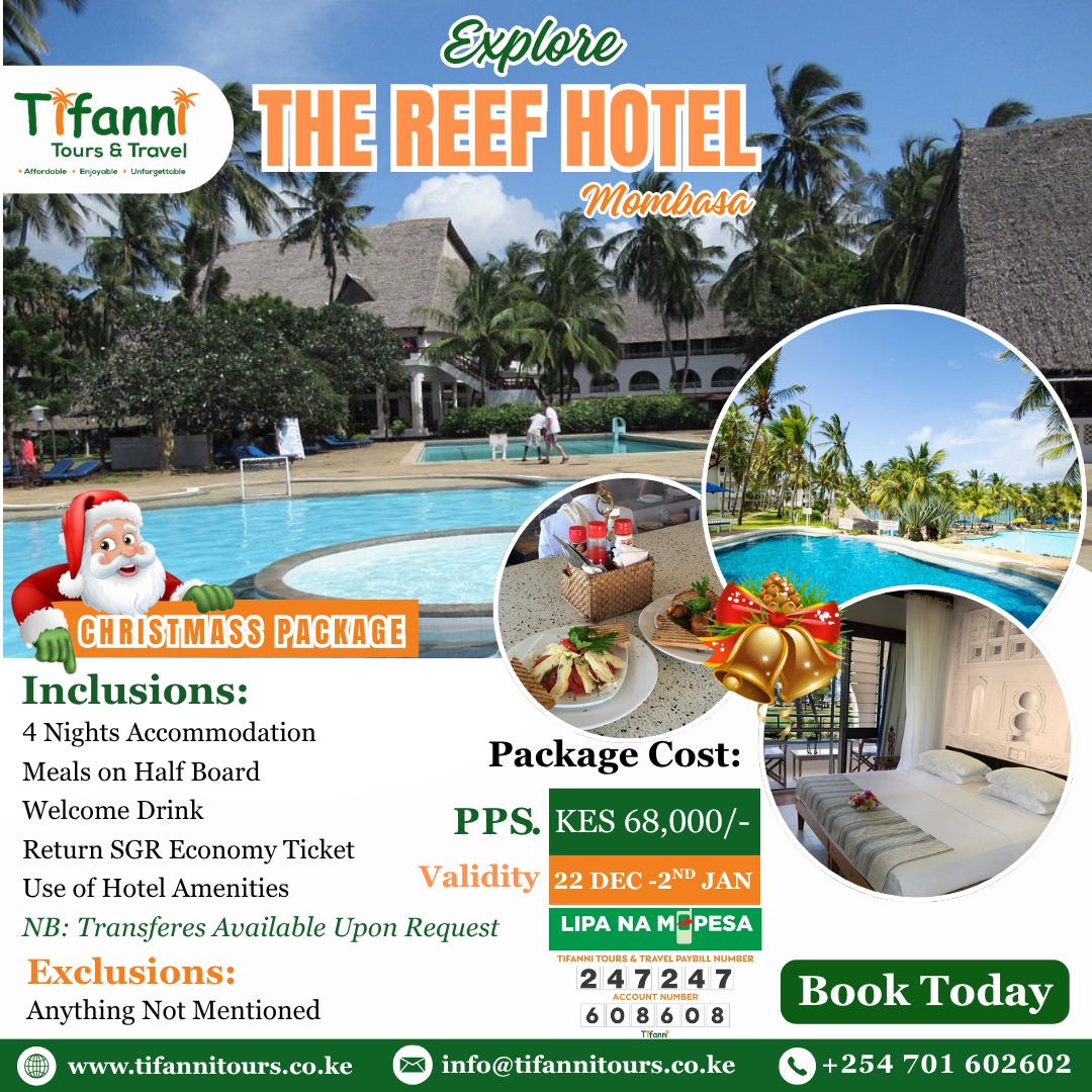 tifannitour's tweet image. This festive season, choose paradise. Celebrate at The Reef Hotel Mombasa — memories you’ll never forget.

For bookings;
📱Call/Whatsapp 0701602602
✉️ tifannitours@gmail.com 
🌐 tifannitours.co.ke

#mombasa #festiveseason #coastalvibes #booknow #tifannitoursandtravel