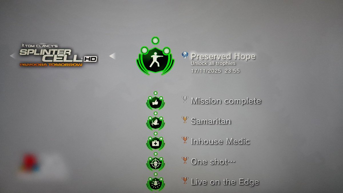 PSN_guylian's tweet image. 283rd Plat - Splinter Cell Pandora Tomorrow HD.

Great game. Slightly improved gameplay from the first game. 2 playthroughs required for the platinum. I had a 13 year 6 month gap between playthroughs ☺️. Took me about 20 hours to plat.

#SplinterCell
#PS3
#PlayStationTrophy
