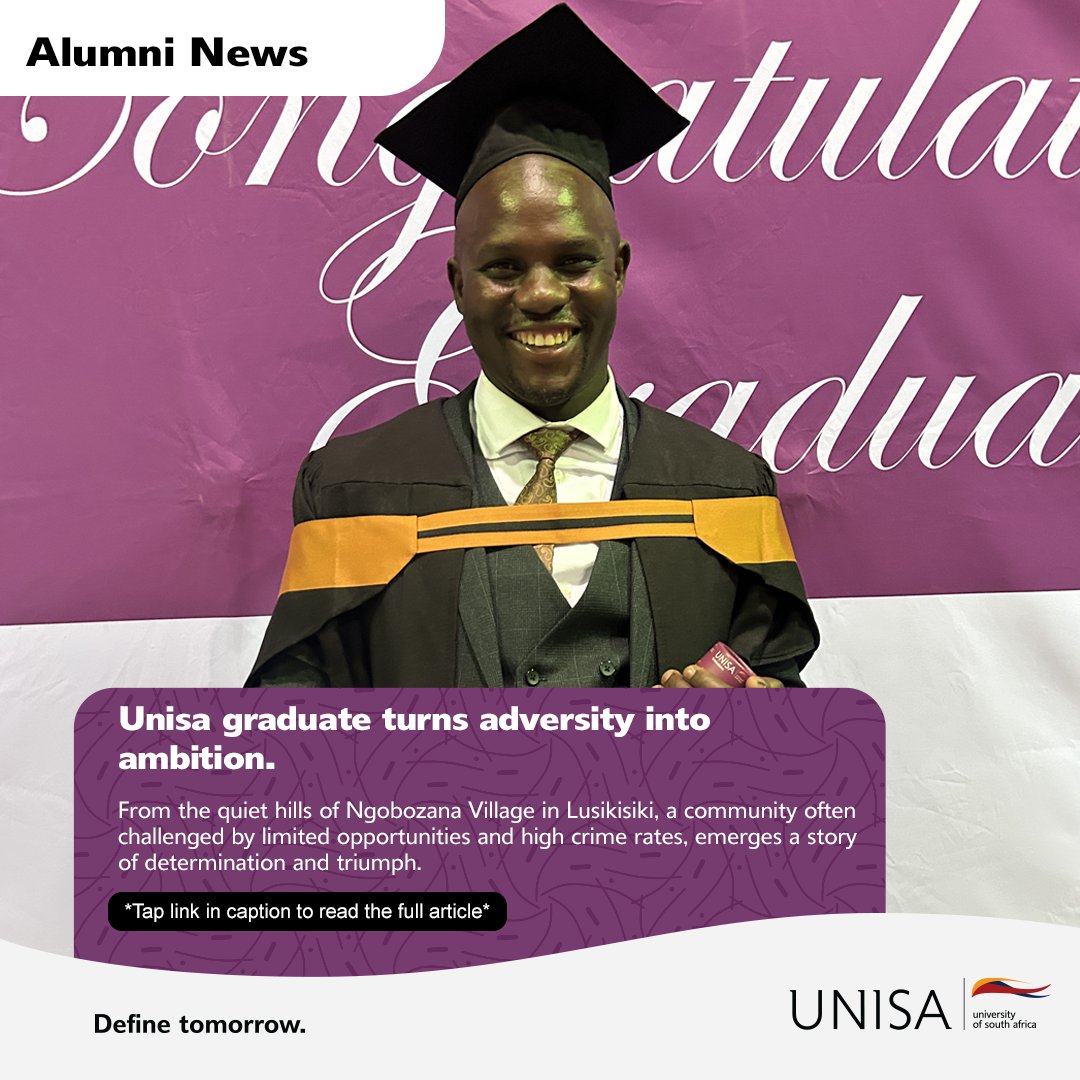 Armed with a Bachelor of Arts in Criminology, Dumisa Siphesihle Magocoba stands tall as a Specialised Case Officer at the Department of Correctional Services.

ow.ly/WibV50XsNgk

#Unisa150andBeyond #UnisaAlumni