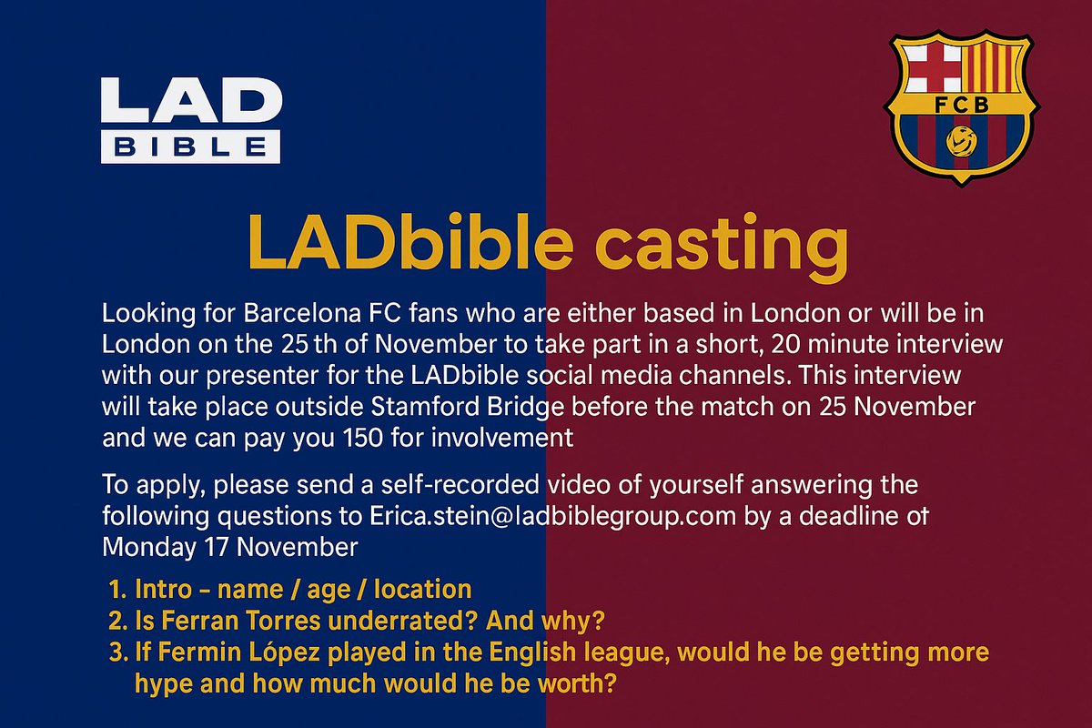 satemama's tweet photo. @AnabellaMarvy 
Hey! We’re casting Barcelona fans who’ll be in London for Chelsea v Barcelona on 25 Nov for a quick paid interview (£150) with LADbible.

Would love a RT to help us reach Barça fans! https://t.co/bxMh7Vb3wk