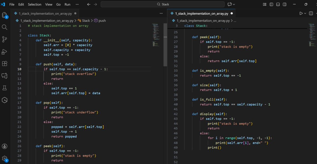 DK_Coder_Girl's tweet image. 🧠 Revisiting the Basics: Stack Implementation in Python!
LIFO ➡️ Last In, First Out — the backbone of recursion, undo ops &amp;amp; more.
✅ Push | Pop | Peek
✅ Overflow &amp;amp; Underflow handling
✅ Display elements in reverse
Because strong fundamentals = strong systems! 💪
#Python