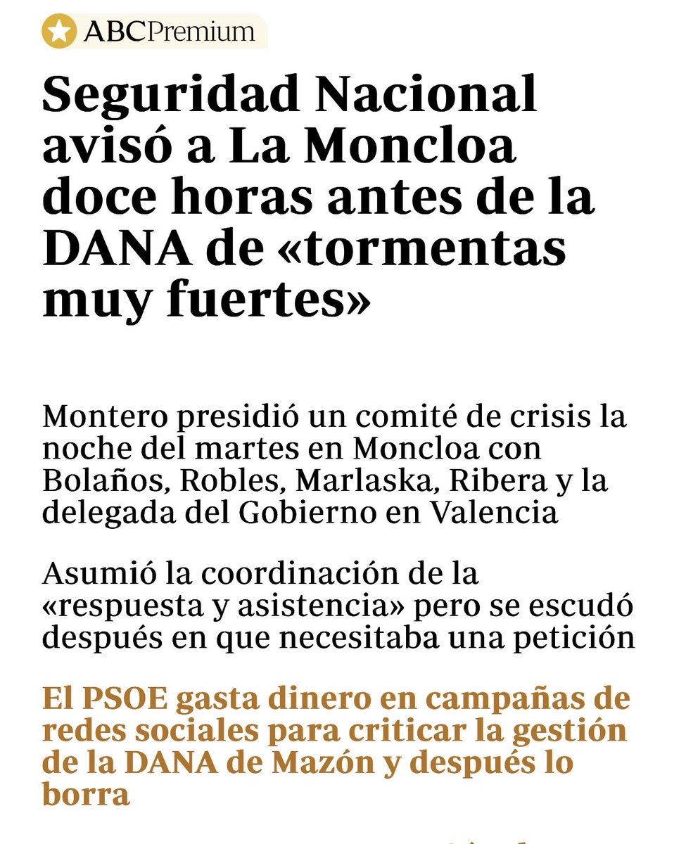 Capitana_espana's tweet photo. ¡MAZÓN HA CAÍDO! Dimitió hace semanas como el inútil que demostró ser, y ayer en el Congreso lo destrozaron de verdad: un circo brutal donde se evidenció todo. Bien merecido, pero ¡NO NOS TRAGAMOS EL CUENTO!

Esta portada de ABC lo gritaba hace un año: Sánchez fue AVISADO DE LA DANA ANTES DE MONTARSE EN EL AVIÓN A INDIA con su mujer. ¿Y qué hizo? NADA. Absolutamente NADA. Mazón no cogía el teléfono → ¡Ejército YA, gerente de Emergencias activado y VOLVER CORRIENDO DE LA INDIA! Pero no: estaba sujetando bengalas, brindando y posando mientras valencianos se ahogaban como ratas.

Y ahora, ¿qué? Montan la comisión-circo en el Congreso para acorralar solo a Mazón y blanquear al Gobierno. ¡NO CUELA, COÑO!
💥¿Por qué el comité de crisis presidido por María Jesús Montero esa noche del martes NO TOMÓ NI UNA PUTA DECISIÓN? 
Mazón la cagó hasta el fondo, sí, pero el Gobierno central TAMPOCO MOVIÓ UN DEDO. Tenían todos los medios: UME, Policía, Guardia Civil… y se quedaron mirando.

La RESPONSABILIDAD MÁXIMA es de PEDRO SÁNCHEZ. Es el presidente de TODO EL PUTO TERRITORIO ESPAÑOL. PUNTO.
Si queremos justicia REAL, que paguen TODOS, y empezando por el jefe, Pedro Sánchez.

¡QUE NO NOS VENDAN LA MOTO MÁS!
#SánchezDimisiónYa