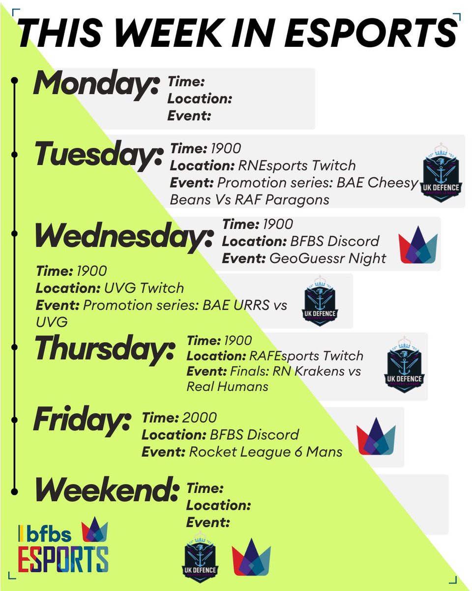 bfbsesports's tweet photo. Wondering what happens on BFBS Esports each week? Save this as your reminder! ✨😎

#esports #bfbsesports #weeklyschedule https://t.co/k2lzqW2snr
