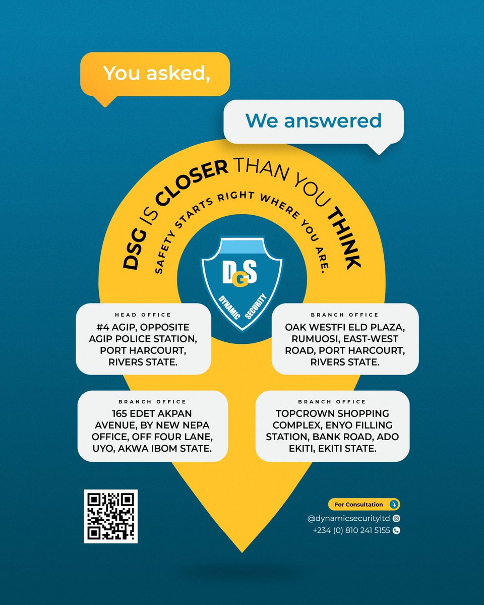 Dynamicgroups01's tweet image. You asked, we answered! DSG is everywhere from Port Harcourt to Uyo and Ado Ekiti.
Your safety starts right where you are. 📩 DM us or call ☎️ 0810 241 5155
#DSGSecurity #StaySecure #AlwaysOnGuard #DSGEverywhere
#EventSecurity #hireguards