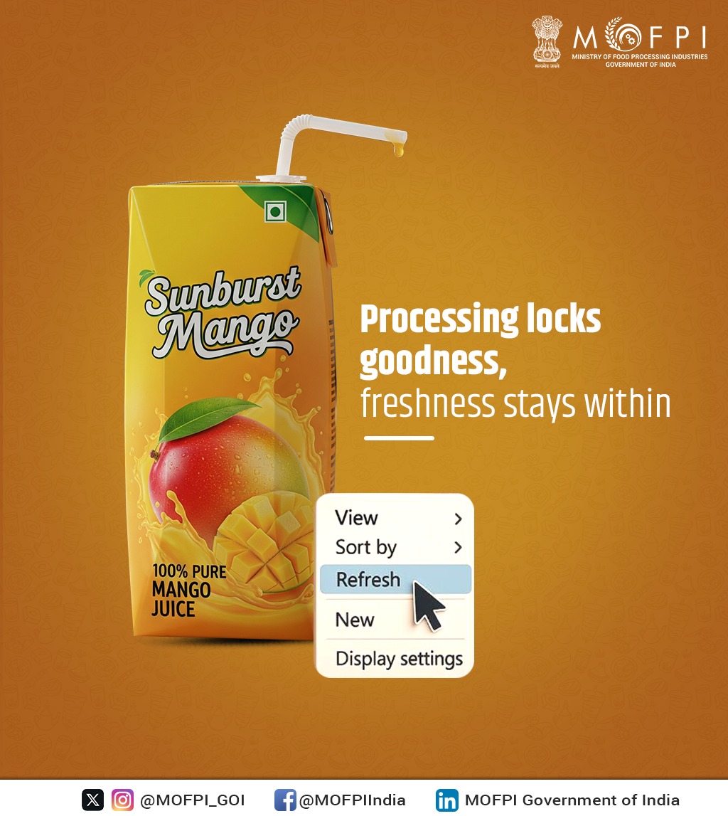 MOFPI_GOI's tweet image. Processing locks goodness, and freshness stays within!

Enjoy 100% pure mango juice thanks to advanced food processing techniques. A tribute to the quality and longevity brought by our Food Processing Industries.

#Refresh #FoodProcessing