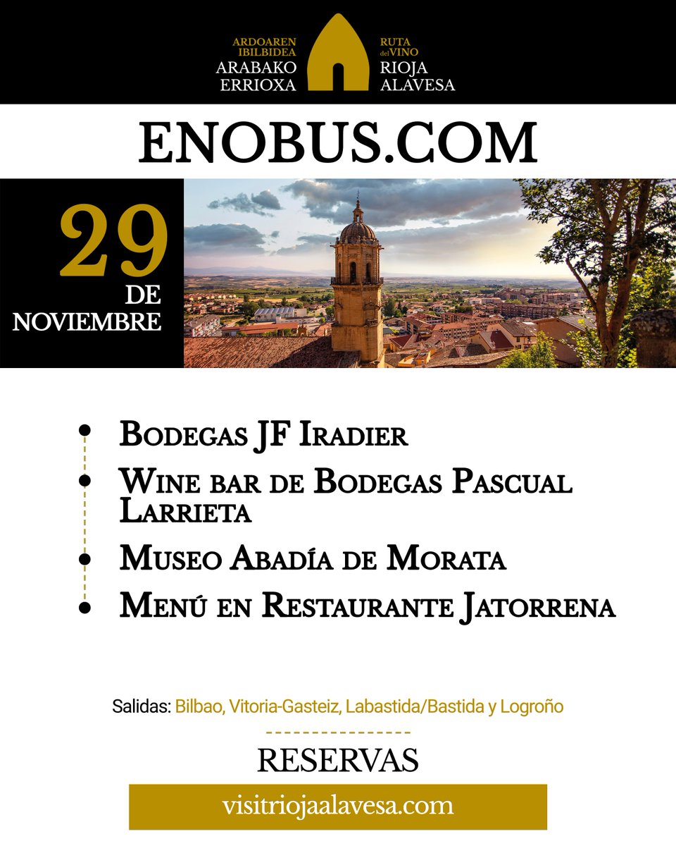 🍷🍁 Otoño es uno de los momentos más mágicos para descubrir Rioja Alavesa.
Si quieres vivirla sin preocuparte del coche… ¡Súbete al #Enobus! 🚍✨ 

Próxima salida 🗓️ 𝟮𝟵 𝗱𝗲 𝗻𝗼𝘃𝗶𝗲𝗺𝗯𝗿𝗲

¿Te apuntas?
Más información y reservas:
➡️visitriojaalavesa.com/producto/enobu…
