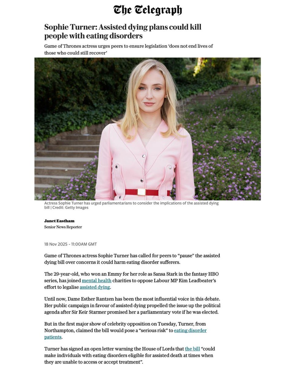 ChelseaRoff's tweet image. Game of Thrones star Sophie Turner has joined @MindCharity, Stephanie Waring, Gail Porter, @SeanFletcherTV  and dozens of eating disorder experts in warning the House of Lords that the Assisted Dying Bill poses a serious risk to people with eating disorders.

#DyingForTreatment