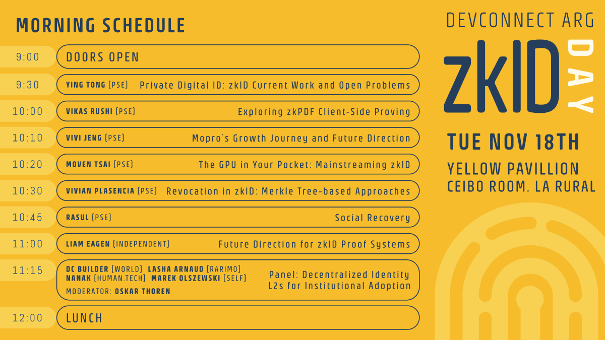 今天在 EFDevcon 有隐私相关活动 ☀️

 - zkID 和客户端验证 @PrivacyEthereum
 - 隐私社区中心举办的“实用隐私日”活动
未来城市社区中心的隐私与安全
- 来自 @DeFi_Wonderland 的逃脱证