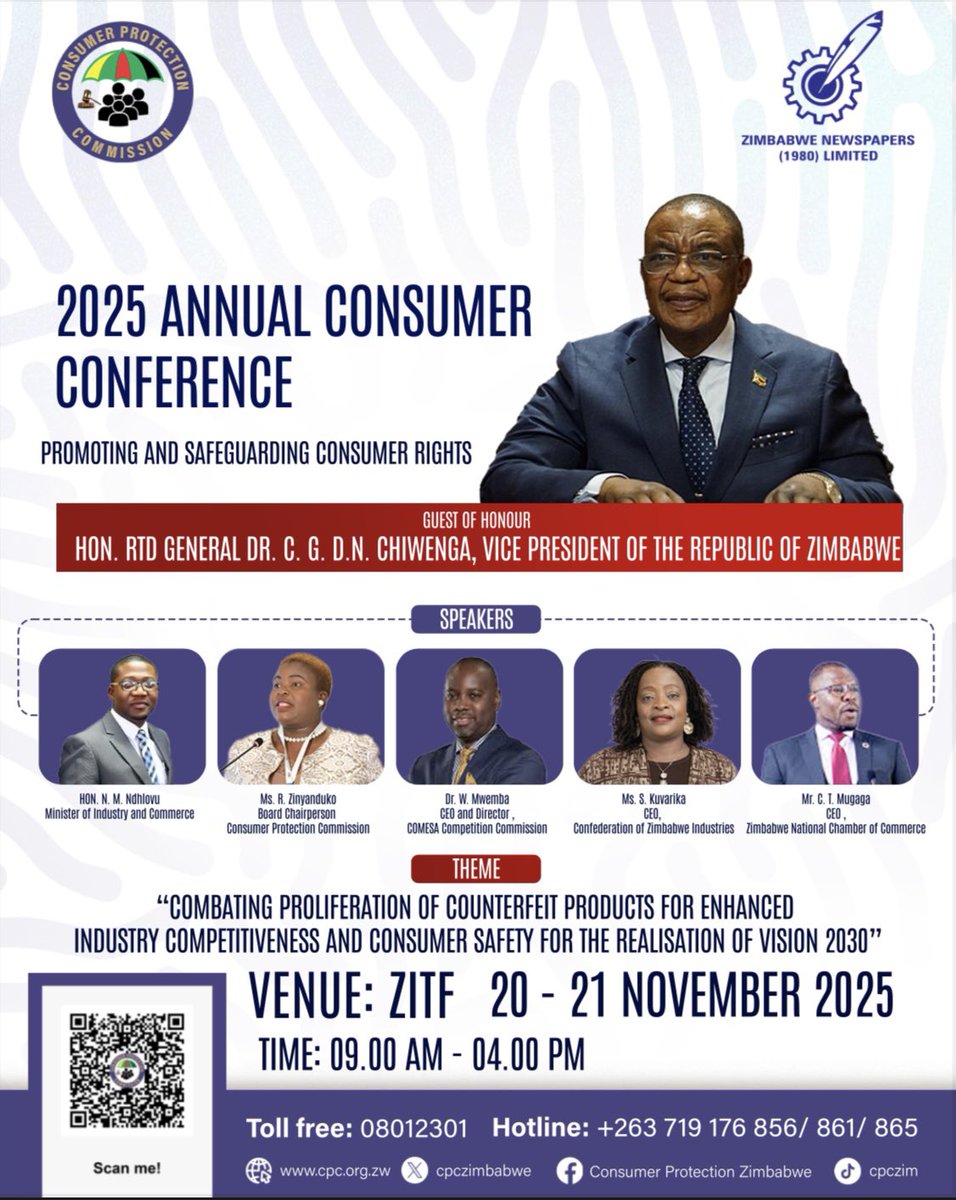 cpczimbabwe's tweet image. 🔥 Annual Consumer Conference 2025!
Join us on 20–21 November at ZITF Hall 2 as we tackle the rise of counterfeit products and shape a safer marketplace for every Zimbabwean consumer.

🗓️ Save the Date — Don’t Miss This National Event!