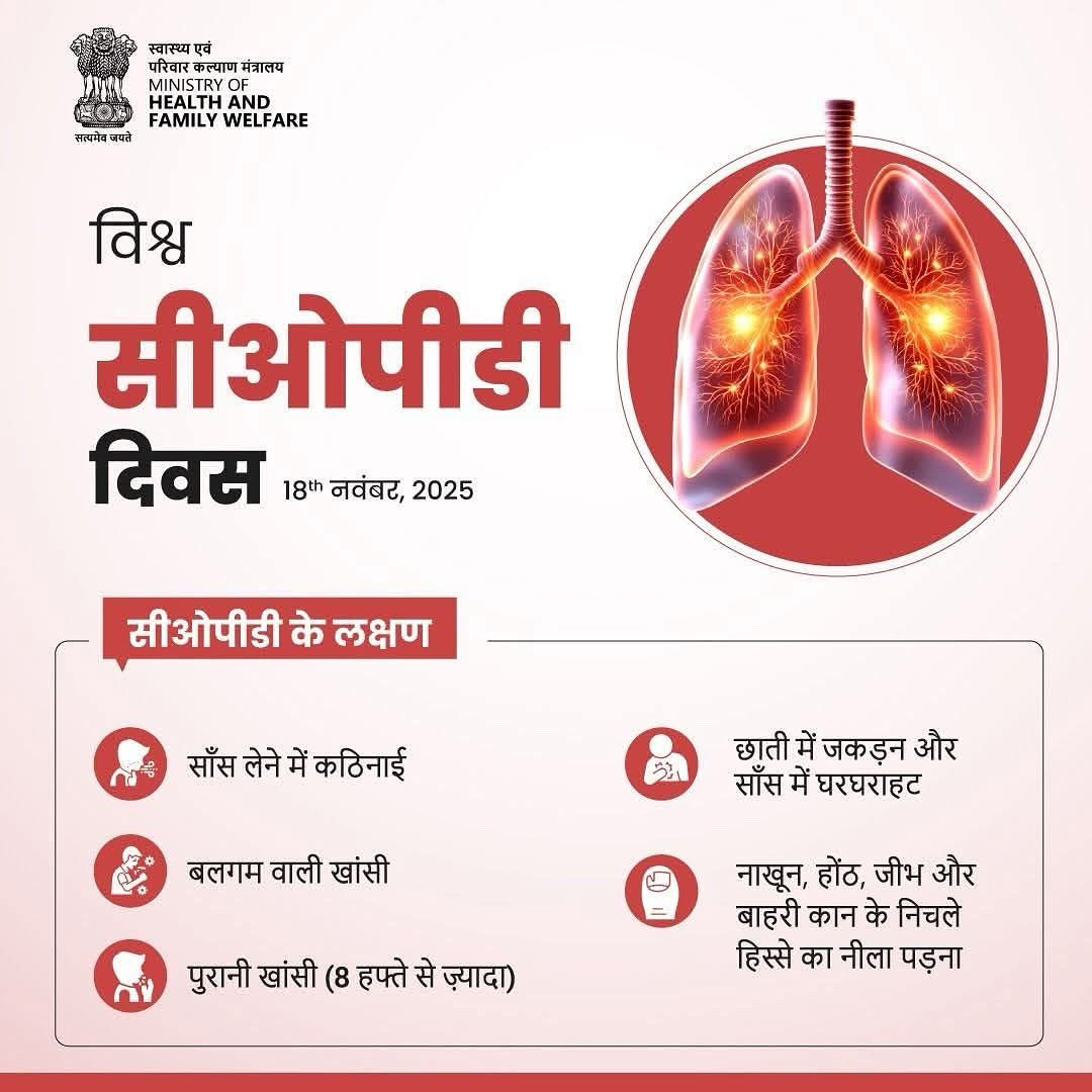 CMHOIEC2023's tweet image. दमा एवं फेफड़ों की अन्य दीर्घकालिक बीमारियों (COPD) के लक्षणों को न करें अनदेखा। सही समय पर डॉक्टर से परामर्श लें और स्वस्थ जीवन की ओर कदम बढ़ाएं। 

#WorldCOPDDay
@MoHFW_INDIA