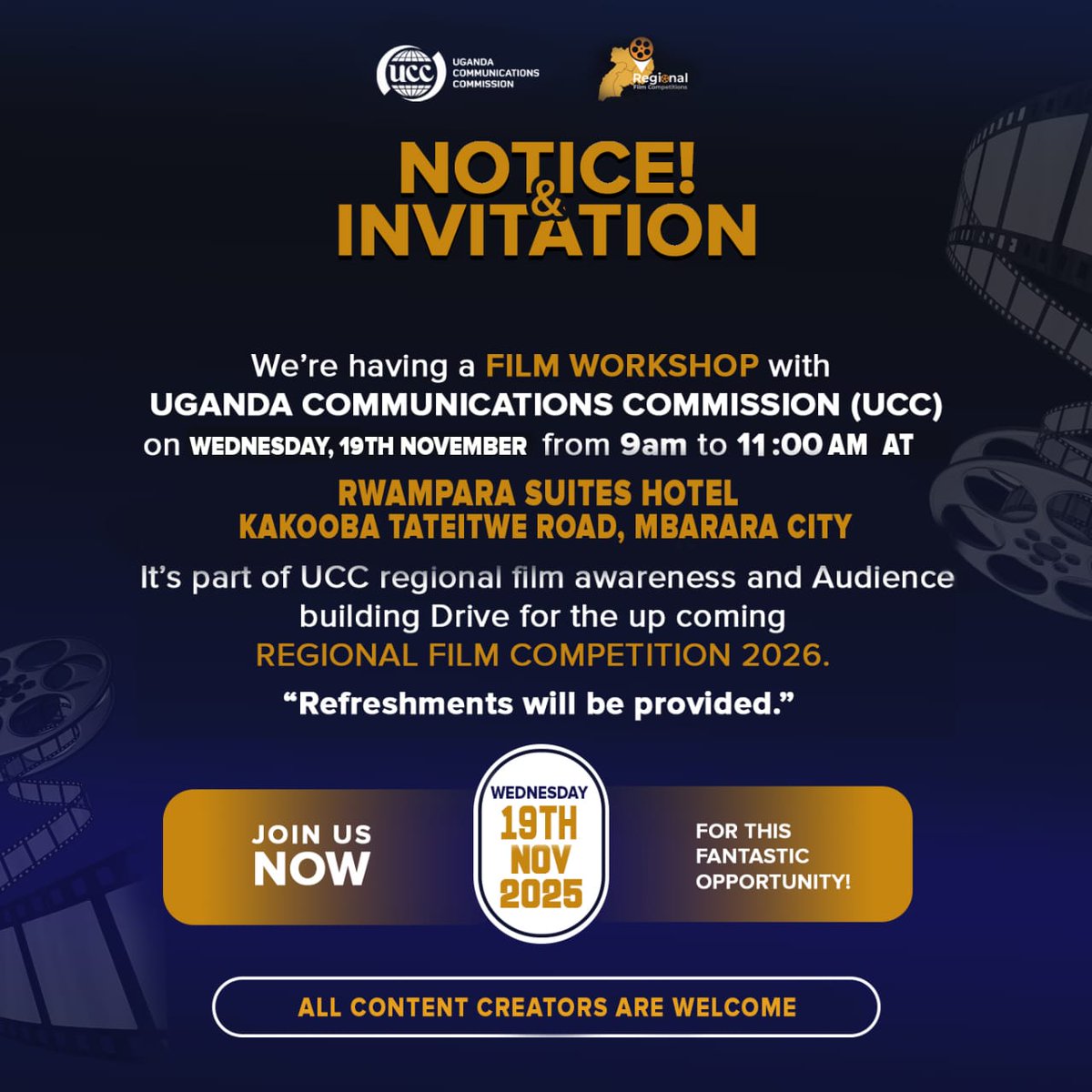 Glenn_Noel_Ics's tweet image. Ahead of the #RegionalFilmCompetition2026, @UCC_Official is organizing Film Workshops in different regions to provide hands on training &amp;amp; mentorship to native talent including directing, screenwriting, editing, sound design among others.
Mark the Dates &amp;amp; venues 👇 
#GoldenPosts