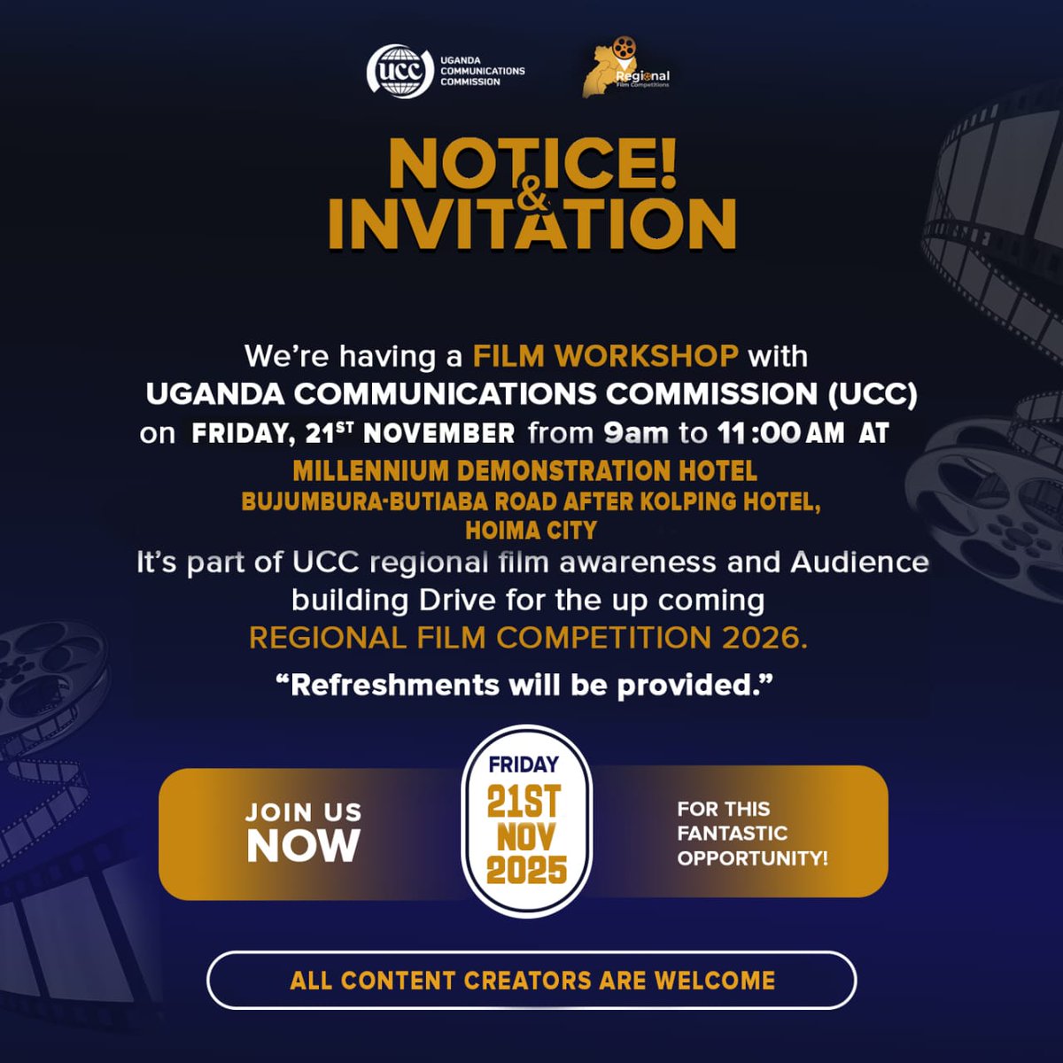 Glenn_Noel_Ics's tweet image. Ahead of the #RegionalFilmCompetition2026, @UCC_Official is organizing Film Workshops in different regions to provide hands on training &amp;amp; mentorship to native talent including directing, screenwriting, editing, sound design among others.
Mark the Dates &amp;amp; venues 👇 
#GoldenPosts