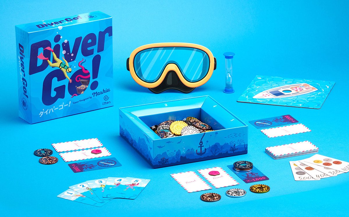 新作「ダイバーゴー！」🤿 ＃ゲームマーケット2025秋 で先行販売します！ トレジャーハンターとして財宝コイン を求めて海にダイブしよう！しかし海底には呪われたコインも眠っていて、取りすぎてしまうと大変なことに...！  両日エリア30でお待ちしています！試遊もできます🙌