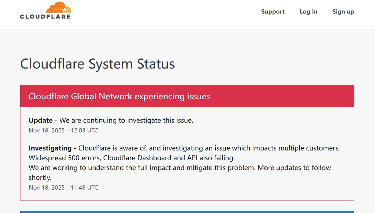 【Cloudflare 全球网络出现问题，团队正在调查】

据 Cloudflare Status，Cloudflare 全球网络出现问题，Cloudflare 已获悉并正在调查一个可能影响多位客户的问题。（ X 当前不稳定可能也是受此影响🧐）
