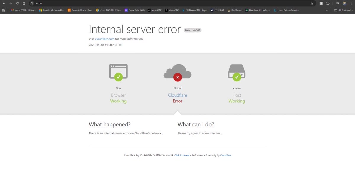 Ifthiyaz_Ahamed's tweet image. 🚨 X.com is down!
Getting a Cloudflare Internal Server Error (500) from Dubai region.
@elonmusk   — any updates on what’s happening to the platform?

Hope this gets fixed soon. ⚠️

#XDown #TwitterDown #XServerError #Cloudflare #Dubai #TechNews #ElonMusk #XUpdate