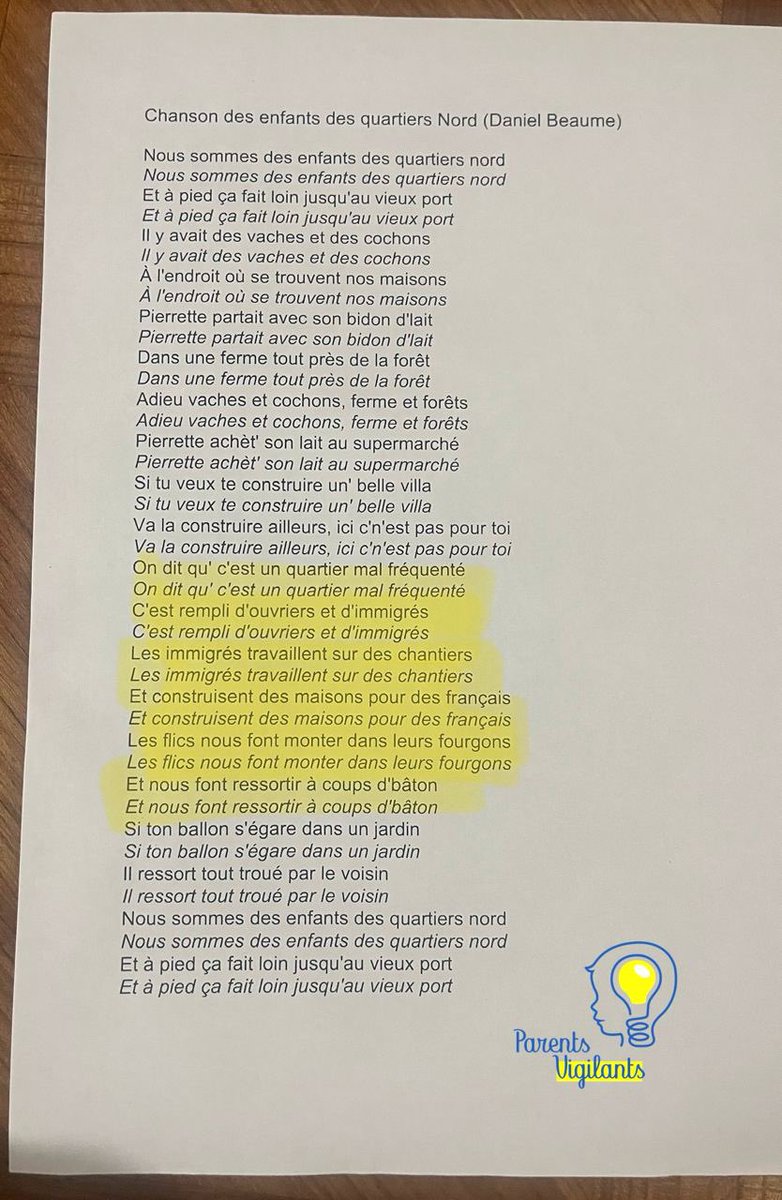 🟡 Alerte endoctrinement !

Au collège Joseph d’Arbaud, à Salon-de-Provence, les élèves de la chorale apprennent La chanson des enfants des quartiers Nord.

Un texte qui décrit la population de ces quartiers comme victime et qui accuse la police de violences.

🛡️ Refusez la